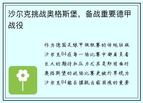 沙尔克挑战奥格斯堡，备战重要德甲战役